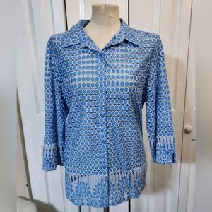 Alfred Dunner Blue Semi Sheer 3/4 Sleeve Button Down Top